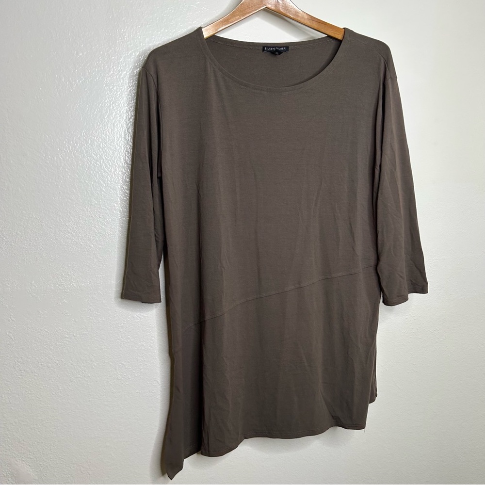 Eileen Fisher Brown Tan Asymmetrical Hem Long Line Tunic Top M
